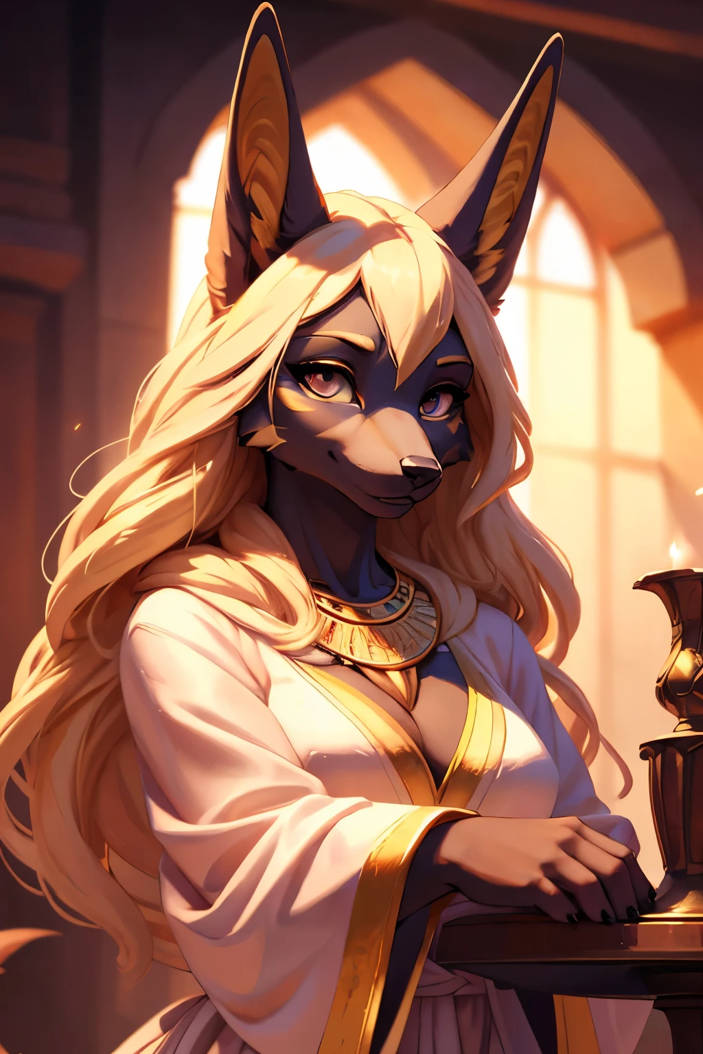 a anthro jackal, female, full body, blond hair, servant of the god Anubis, white robes, masterpiece, best quality, highres, high resolution, perfect face, perfect eyes, detailed, shaded, 4k, 2k, depth of field