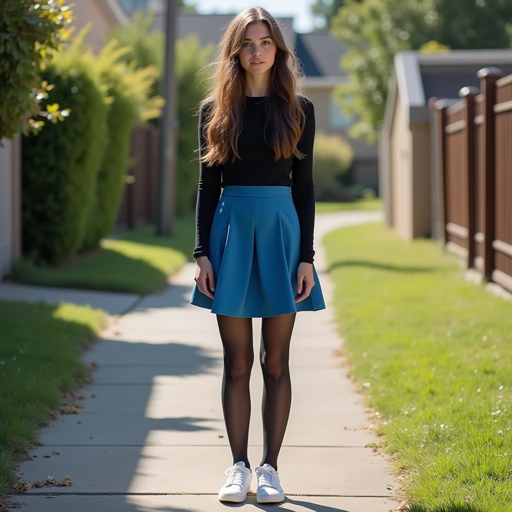 a brown hair anger, show entire body, shoes in view, front view, wearing blue straight skirt, wearing black sheer transparent thin stockings, wearing black long sleeve tight fiiting bodys, wearing white sneaker, sunny day, staying in neighboorhood, aerial photography, 20 years old, realistic