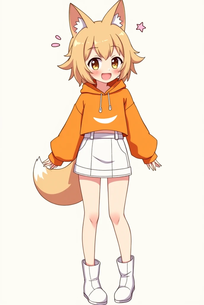 anime girl have a smiley face with a fox ear wearing an orange crop hoodie white short skirt white boots and full body no background