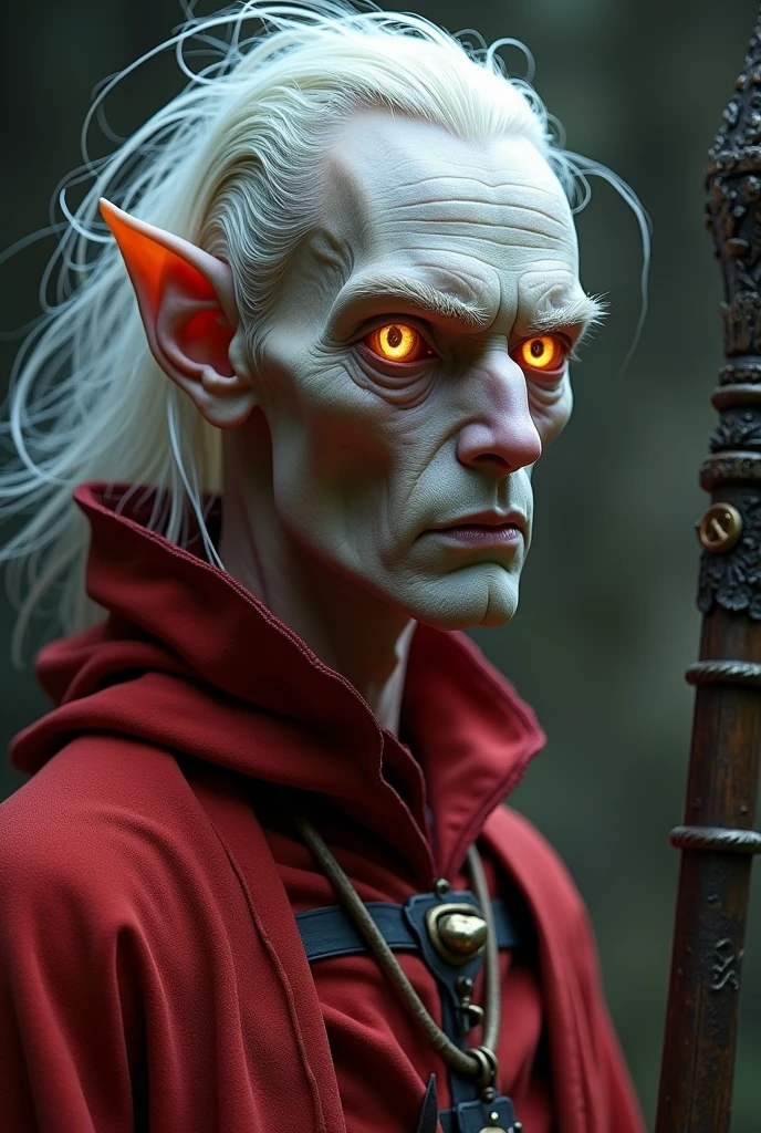 Hair: White, often described as thin and stringy. Eyes: Golden eyes with pupils shaped like hourglasses. These eyes are a sign of his magical power and his ability to see the impermanence of all things. Face: Pale and gaunt, with sharp, striking features. His facial expression is often serious and piercing. Physique: Slender and frail, reflecting his physical weakness compared to his immense magical power. He is approximately 1.75 meters tall (5'9") and weighs approximately 61 kg (135 lbs). Clothing: Often wears the red  of a mage, which may vary. His clothing is often simple but functional, and he always carries his staff of magic with him 