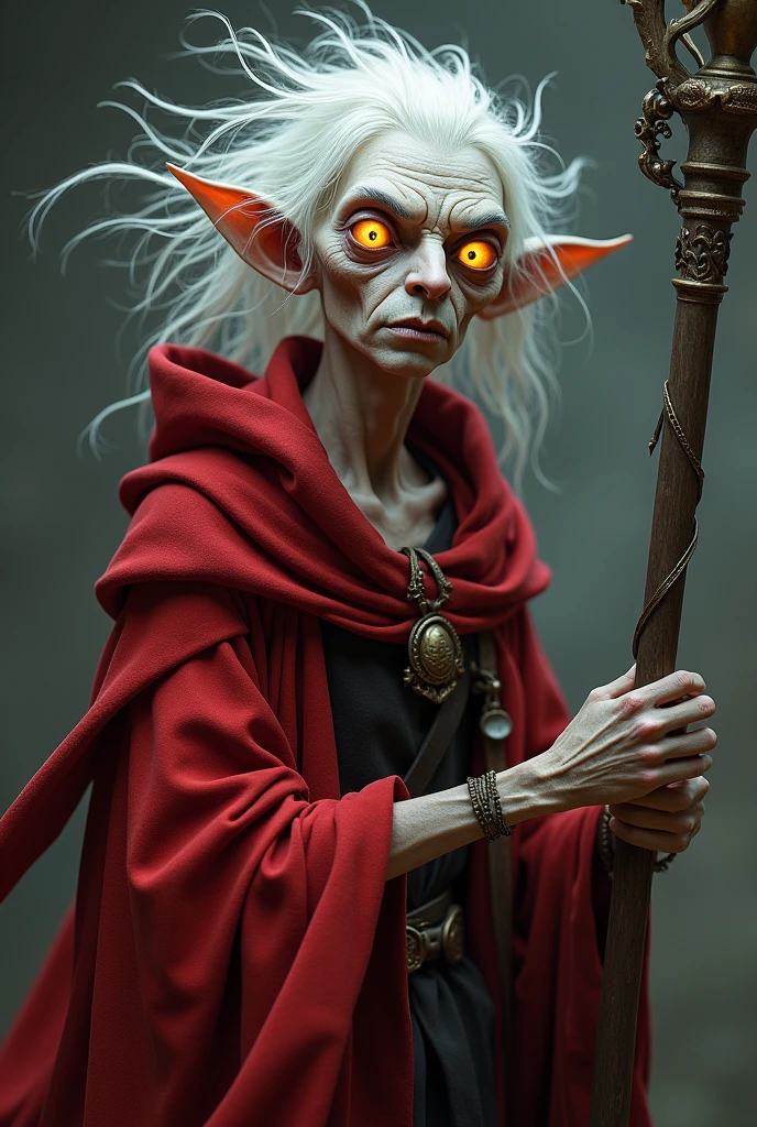 Hair: White, often described as thin and stringy. Eyes: Golden eyes with pupils shaped like hourglasses. These eyes are a sign of his magical power and his ability to see the impermanence of all things. Face: Pale and gaunt, with sharp, striking features. His facial expression is often serious and piercing. Physique: Slender and frail, reflecting his physical weakness compared to his immense magical power. He is approximately 1.75 meters tall (5'9") and weighs approximately 61 kg (135 lbs). Clothing: Often wears the red robes of a mage, which may vary. His clothing is often simple but functional, and he always carries his staff of magic with him