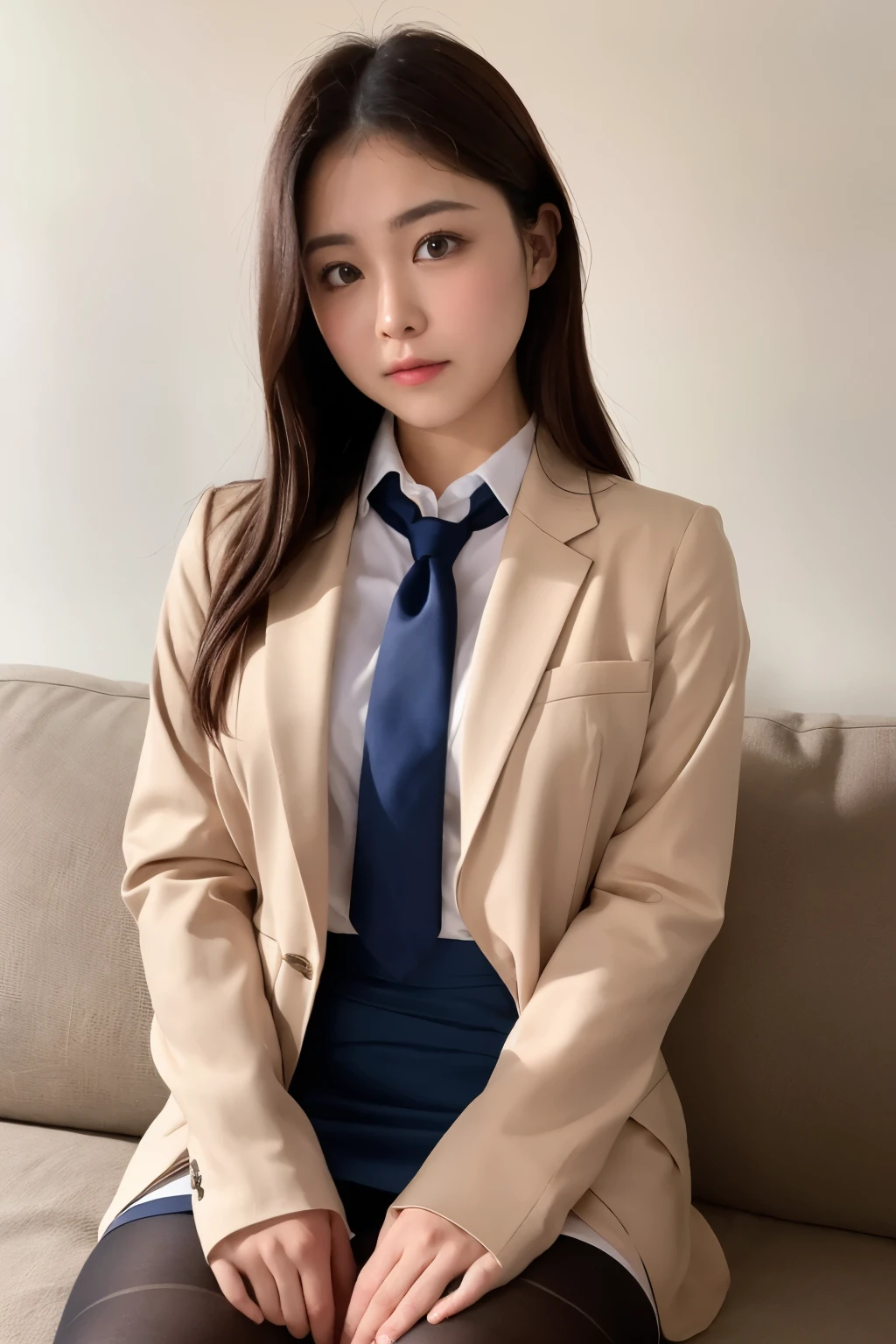 (((masterpiece))), (((最high quality: 1.4))), ((Super detailed: 1.4)) ,上品なエリート女性がphotographのポーズをとる, Sitting on the sofa with legs crossed、Wearing a suit, Wearing a strict business suit, (Ultra-realistic pantyhose:1.3)、Pencil skirt and pantyhose、 Wearing a suit, Wearing a suit, 厳格なWearing a suit, JK Uniform, Japanese Uniform, ビジネスWearing a suitする, Japanese School Uniform, ビジネスWearing a suitする, On the body, Tyndall effect, Realistic, Shadow Studio, Rim Light, Dual Tone Lighting, (High Definition Skins: 1.2), 8k ウルトラHD, Digital SLR, Soft Light, high quality, Volumetric Light, Sneak Shot, photograph, High resolution, 4K, 8k, Background Blur, Realistic skin texture、Shiny skin、Bare thighs!!!、