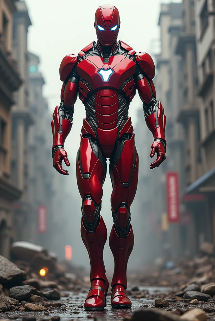 Robot Red ent like human with background like destroyed futuristic city looks like iron man and spider man