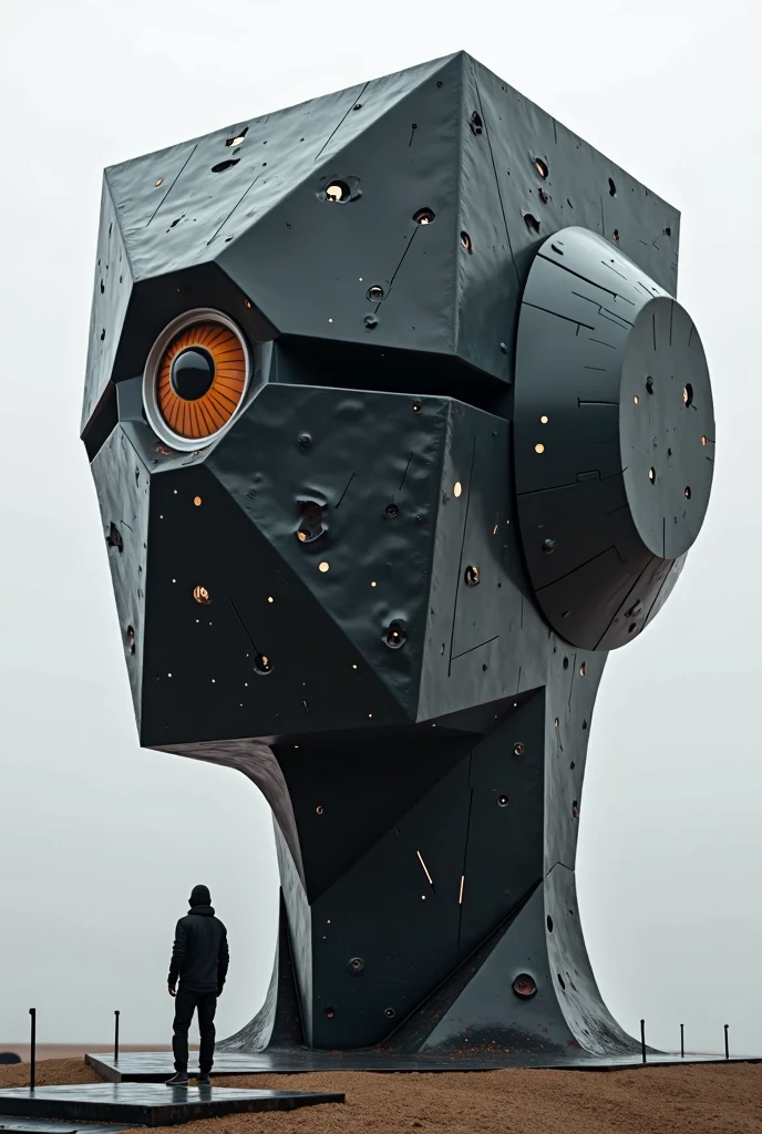 make a black square robot head sculpture, with only one eye in the middle, futurist , in the style of the Olmec Head, Colossal, HD, great detail,