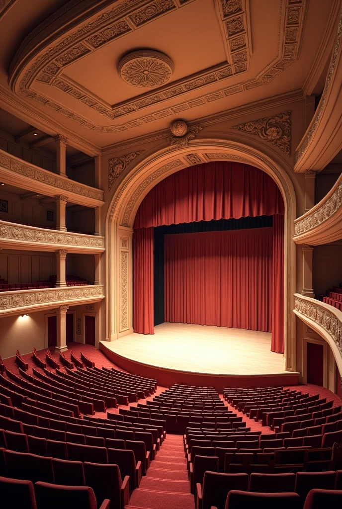 3d design of theatre that has 1078 seats and the first row has 25 seats and add 8 as the seats goes up to reach the 1078 seats and curved design simple