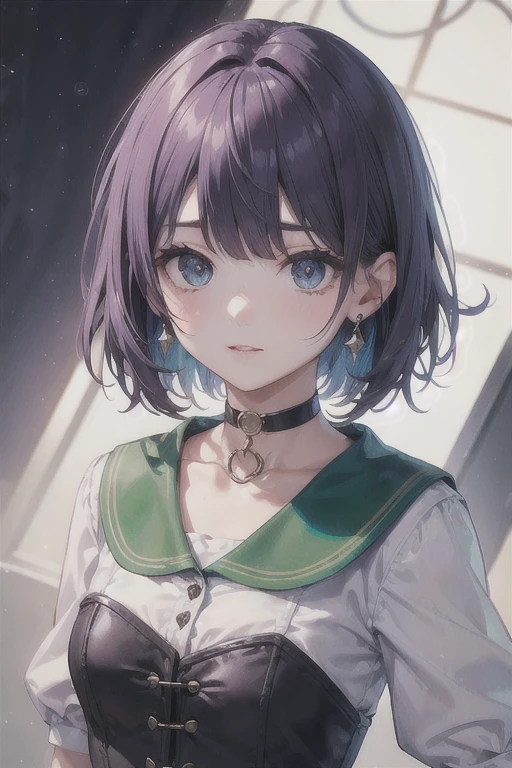 (Highest quality)、(Highest quality)、cute、(choker).eyes are emerald、Her hair is purple、Short Bob、date、