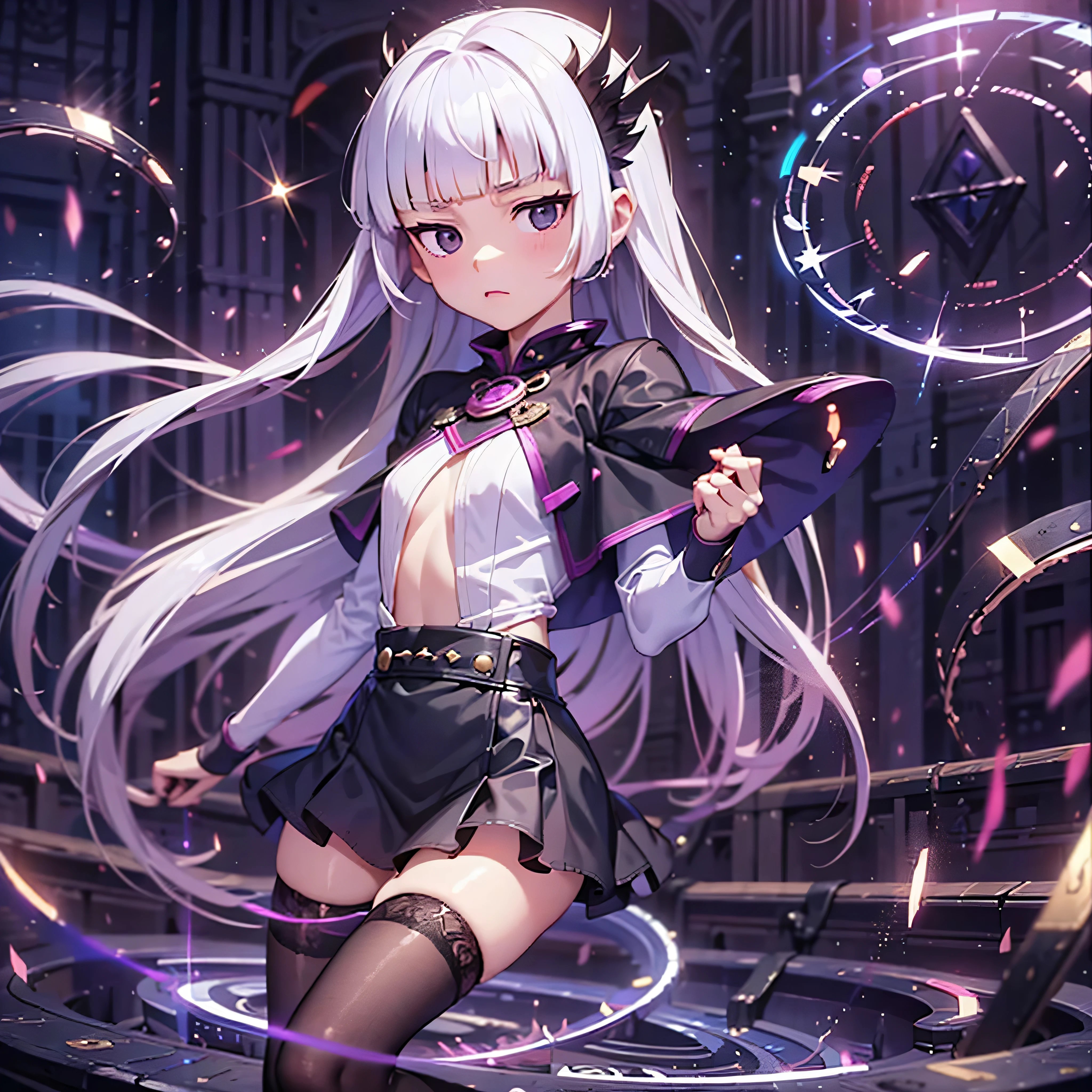 (solo), (1 little child stays into lighting floating magic circles:1.3), (staying at inside of floating light circles:1.3), dynamic pose, BREAK, skinny, short torso, short stomach, skinny narrow waist, BREAK, long straight hair, absurdly long hair, blunt bangs, white hair, BREAK, black frilled black capelet, black high-waist skirt cinches waist too tight, thigh gap, black thighhighs, BREAK, frilled white shirts with open chest