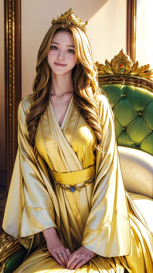(Very detailed, Realistic, Highest quality, 4K, 8k, High resolution, masterpiece:1.3), An attractive flight attendant with a graceful and elegant figure. Erin Anderson is tall and slender, long, Long, wavy, golden blonde hair styled in loose curls. Long hair that reaches down to the buttocks.She has attractive, friendly, bright green eyes.(Long hair that reaches down to the buttocks:1.5)((とてもlong髪))((Smile、Embarrassed smile)) ((breathtaking beauty, flowing robes, golden crown on her head, goddess-like demeanor, ethereal atmosphere, majestic throne:1.3)),