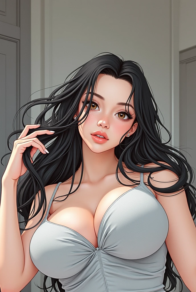 girl with long black hair, large breasts, taking a selfie,(best quality,4k,8k,highres,masterpiece:1.2),ultra-detailed,(realistic,photorealistic,photo-realistic:1.37),extremely detailed face and eyes, fulportrait, seductive pose, studio lighting, natural lighting,