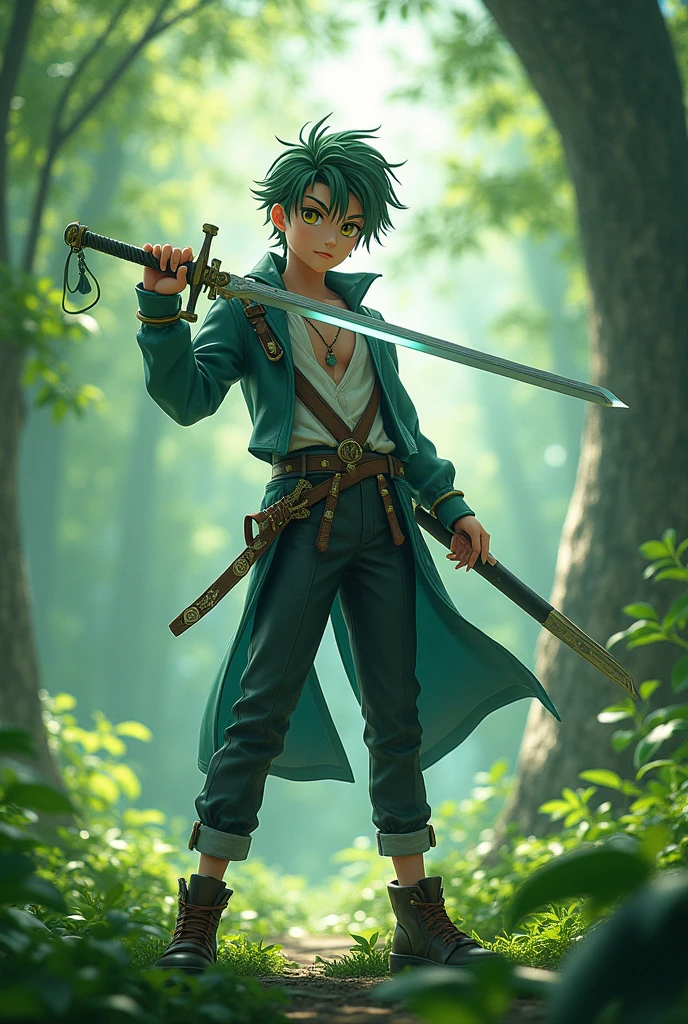 A boy anime character in greenery with a sword more stylish