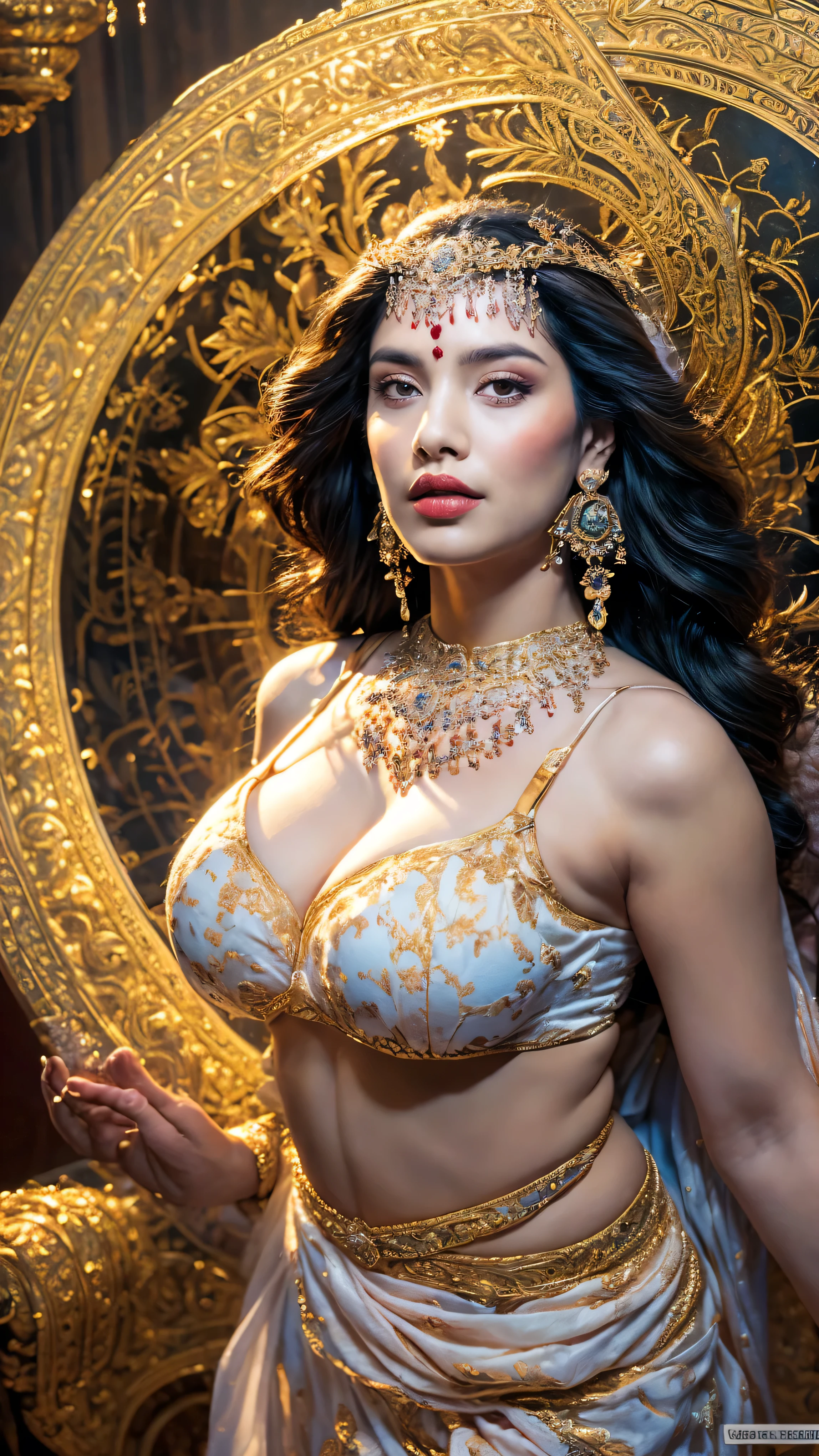 ((Best quality, 8k, Masterpiece :1.3)), Sharp focus :1.2, Generate a realistic image of a beautiful sexy Indian woman plus size body: 8.5 dressed in a white Kasava ghagara and print bra, adorned with traditional ornaments, standing in a well-lit room with cinematic lighting. ((Front view, random elegant pose)), and there is a sense of grace and elegance in her posture. The background should complement the scene, enhancing the overall aesthetic appeal of the image. Photography by Brandon Woelfel, Full shot: Canon EF 16-35mm f/2.8L III USM lens on a Canon EOS 9D Mark IV camera, ultra realistic, k, HD