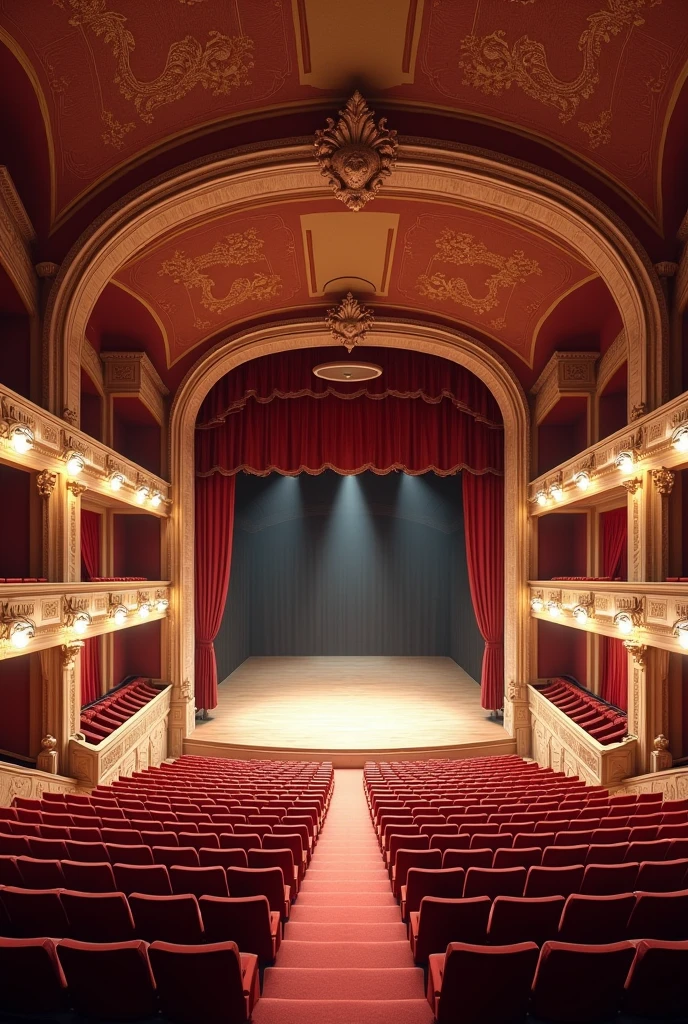 3d design of theatre that has 1078 seats and the first row has 25 seats and add 8 as the seats goes up to reach the 1078 seats and curved design simple