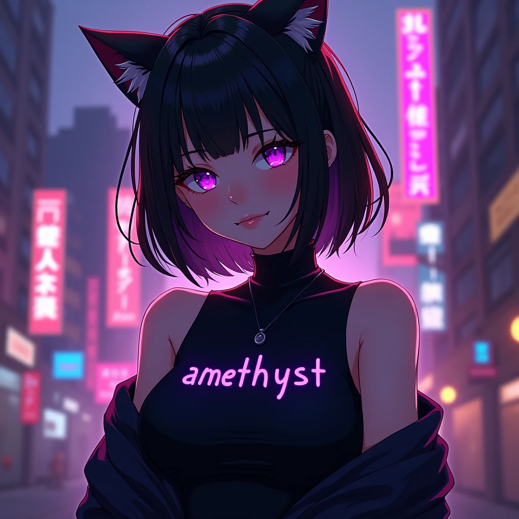 anime girl wearing black aesthetic outfit with cat ears and with a purple text "amethyst" on her clothes, in citylights background