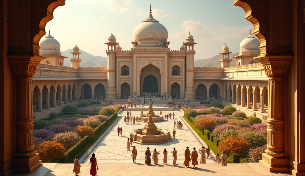 intricate indian palace, elaborate architecture, lush gardens, bustling courtyard, majestic view, detailed ornate design, ornate decor, opulent interior, high quality, 8k, photorealistic, cinematic lighting, warm color palette, dramatic shadows, atmospheric haze, depth of field, masterpiece A majestic view of King Akbar's palace with elaborate architecture, lush gardens, and bustling courtiers.