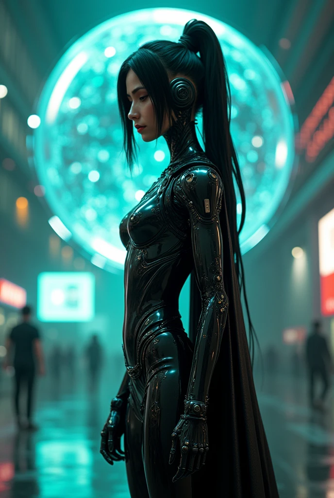3000 years、夜のcyber punkの近未来都市、A female samurai with a cyborg half-body、cyber punk、can'I can see your gaze、Estimated Age20-year-old、A tight fitting black bodysuit、skinny、skinnyパンツ、Casual wear、Wear a half coat、(Highest quality,4K,High resolution,masterpiece:1.2),Very detailed,Professional,sf,3D Rendering,Globe Hologram,Made of Lego,Light blue and green tones,Artificial lighting,Sharp focus,high tech elements,Metallic texture,Smooth surface,Innovative Design,Realistic shadows and reflections,Transparent display,Light emitting wire and connection,Depth and Dimension,Impressive visual impact,Superb craftsmanship