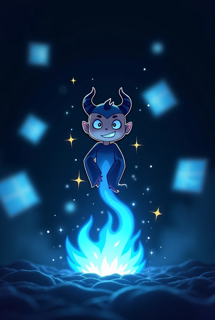 Caption - Darrley, Black background, blue flame below, blue sparks from flame, Cartoon devil in the center, the devil smiles, the devil is small and cute, all sorts of white geometric objects on the background, objects are blurred in the background, devil and inscription blue and white, Logtype, Darrley under the devil