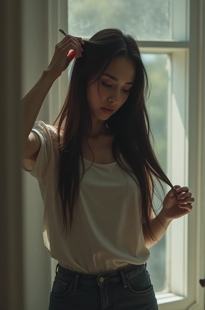 Girl cutting her hair carrying 