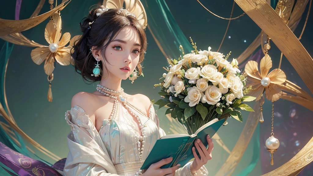 32K, 最高quality, 最高masterpiece, (ultra-Detailed Background, Detailed Background), High resolution, Super detailed, Very detailedな, 1 personの, (bouquet:1.3), (Tangled:1.2), (Geometric:1.2),(colorful),(masterpiece, quality, best quality, Official Art, Beautiful and beautiful:1.2), (1 person:1.3), Very detailed,(colorful:1.1)(Flowers:1.3),Most detailed,(Tangled:1.2), whole body, (Abstract background:1.3), (Skin glows), (Many colors:1.4), ,(Earrings Pearl:1.5), Light green background, It's imaginative., Brunette Hair, Updo, Holding a book, Holding a pen, Satin shirt