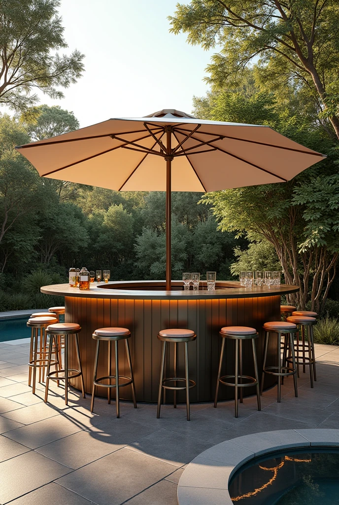 Round、The bar is made of stainless steel、The bar should be grand、High-end，There should be a parasol in the middle of the bar、Outdoor use、Use in camping scenes、Reality，Display different angles