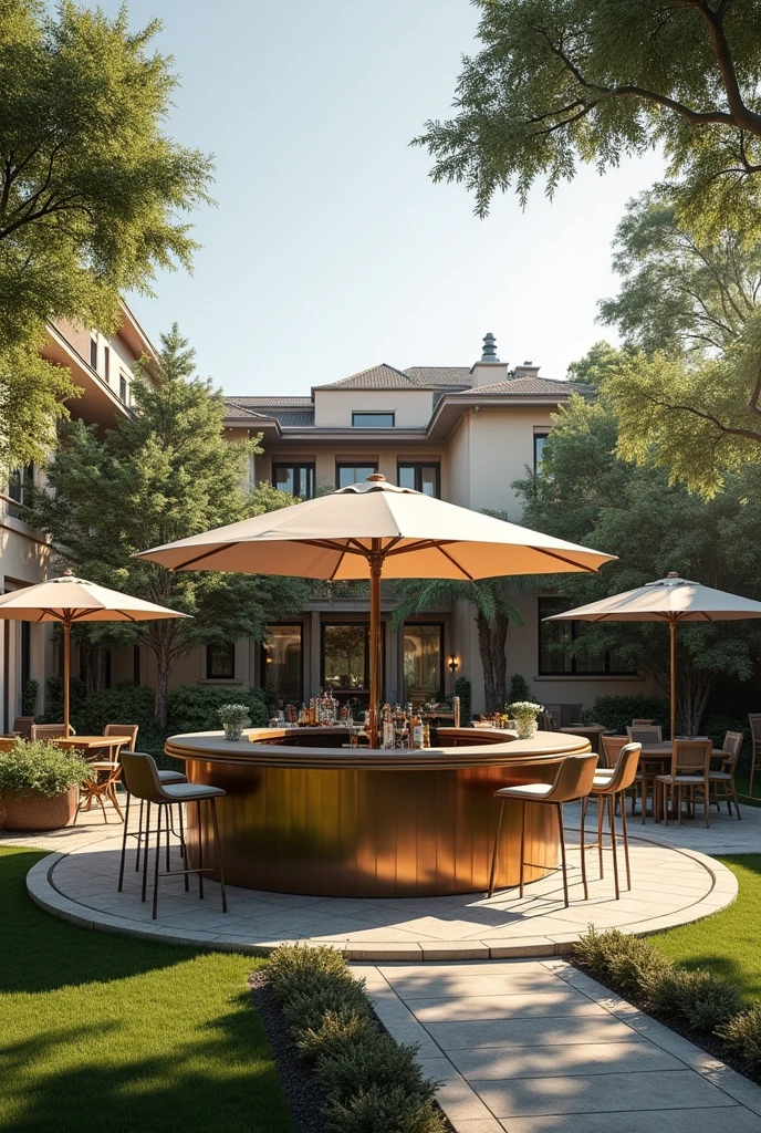 Round、The bar is made of stainless steel、The bar should be grand、High-end,There should be a parasol in the middle of the bar、Outdoor use、Use in camping scenes、Reality,Display different angles