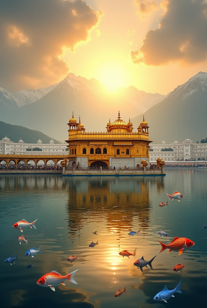 Golden tempel amritsir in with spritul aura and Surrounding with beautiful mountains and in between that lack add some fishes