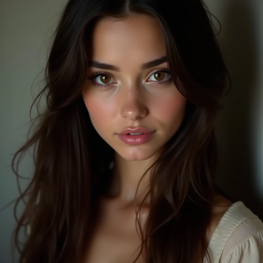 Brunette girl, brown eyes, european type, long hair, cut girl, face detail, close up face