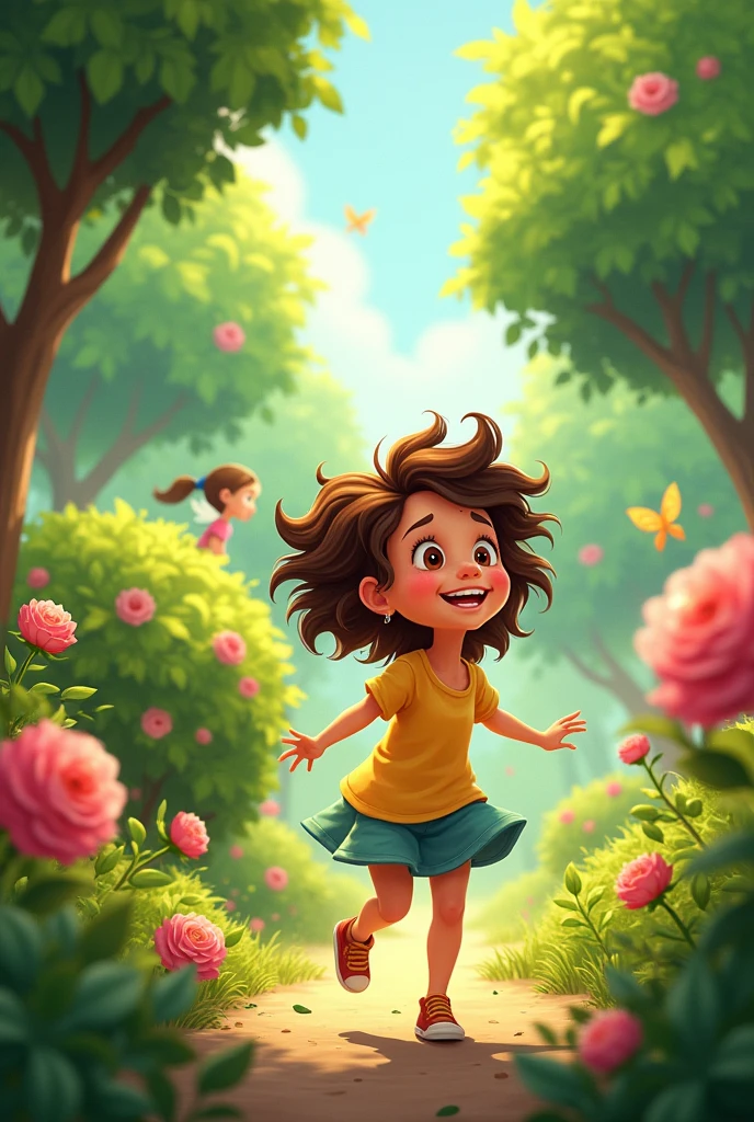 A , Ria, playing happily in a vibrant, magical garden filled with colorful flowers and towering trees. Sunlight streams through the leaves, casting dancing shadows on the ground. A small, fairy-like creature peeks out from behind a large rose bush.
* Style: Whimsical, illustrated, children's book style.I am animated characters