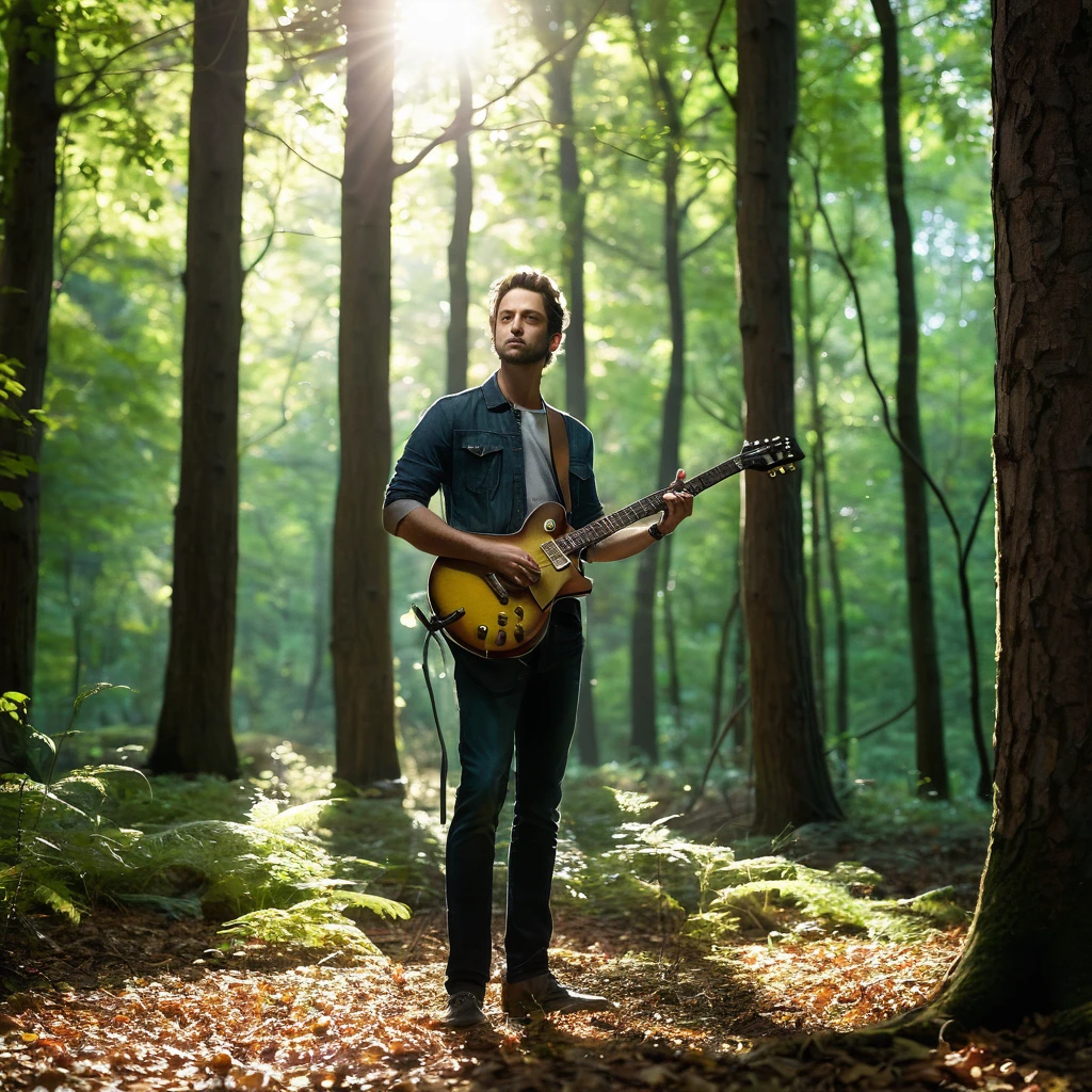 A highly realistic portrait of a man holding an electric guitar in the woods. The man is standing among tall trees with sunlight filtering through the leaves, casting soft shadows on the forest floor. He has a relaxed yet focused expression, as if preparing to play. The electric guitar is detailed, with shiny metal components and a sleek body, contrasting with the natural environment around him. The scene captures the peacefulness of the woods and the subtle tension of a musician ready to perform in a tranquil, outdoor setting.