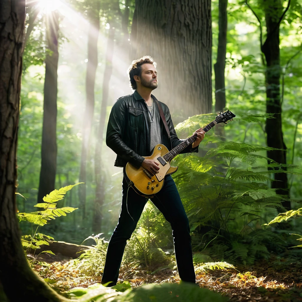 A highly realistic portrait of a man holding an electric guitar in the woods. The man is standing among tall trees with sunlight filtering through the leaves, casting soft shadows on the forest floor. He has a relaxed yet focused expression, as if preparing to play. The electric guitar is detailed, with shiny metal components and a sleek body, contrasting with the natural environment around him. The scene captures the peacefulness of the woods and the subtle tension of a musician ready to perform in a tranquil, outdoor setting.