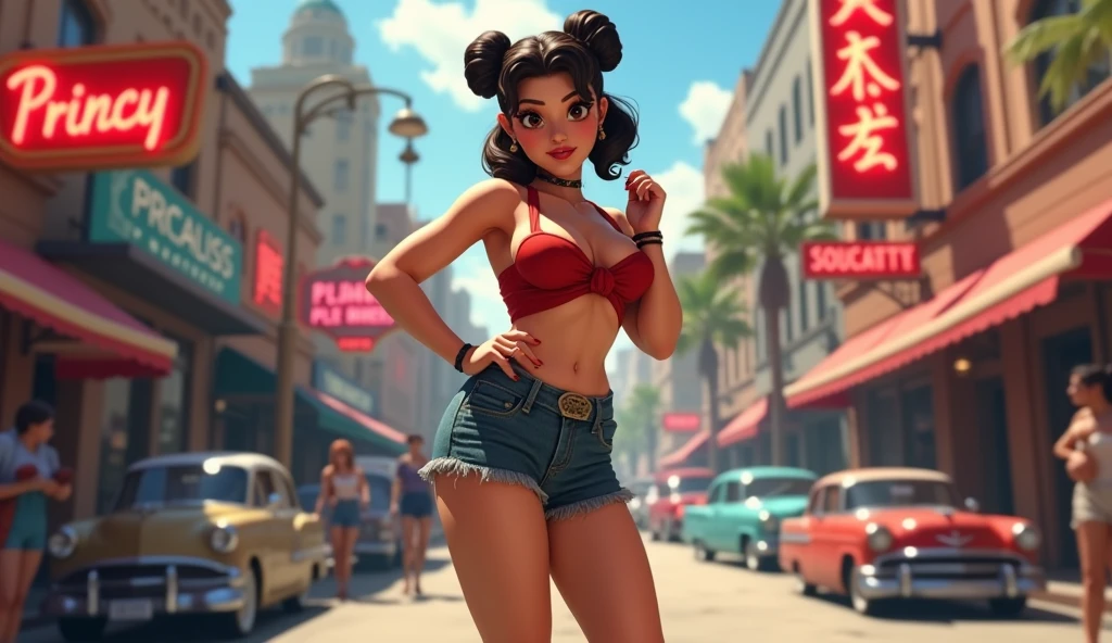 "Create an image of a Chun-Li female Street Fighter character inspired by the 1950s. She should have a strong, confident stance, dressed in a vintage 1950s pin-up style outfit, including high-waisted shorts and a knotted blouse. Her hairstyle should reflect the era, featuring victory rolls. The background should depict a bustling 1950s city street, with classic cars parked along the sidewalk, vintage storefronts with neon signs, and pedestrians in period-appropriate clothing. The character's name, 'Princy,' should be subtly displayed in the image, perhaps as part of a neon sign or on a storefront."