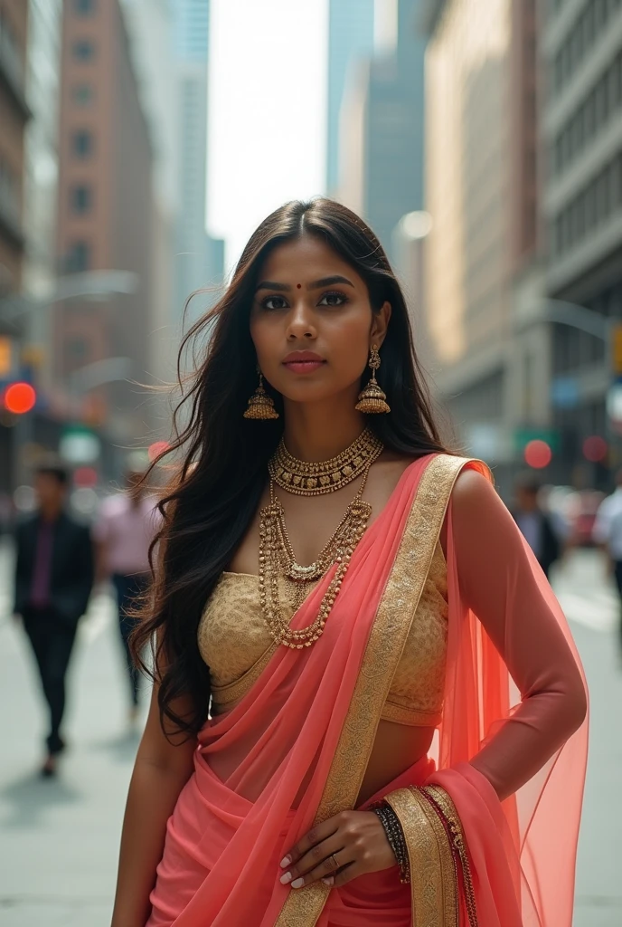 Urban Goddess": An Indian woman in a modern outfit with traditional Indian elements poses confidently in an urban setting.
Technical details: Use the cityscape as a background, to create a contrast between tradition and modernity. Play with lines and perspectives, to create a dynamic image.