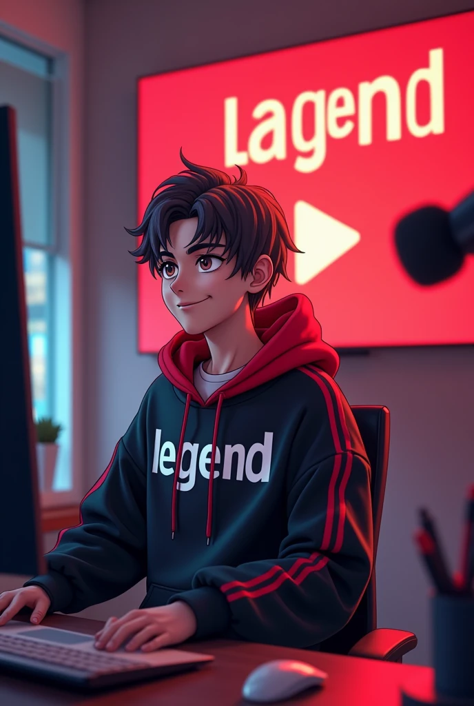 A vibrant and engaging anime-style 1 boy with a smart appearance, sitting behind a modern computer desk. He iswearing a black and red hoodie with the Channel name Legend Yash Rajput ' written on it. In front of him on the desk is a laptop, along with a microphone and various recording equipment. In the background, a YouTube golden play button with the name 'Legend Yash Rajput' is displayed on the wall. The room has a modern YouTube studio aesthetic with professional lighting, making the character stand out. The image is highly engaging and attractive, with a 16:9 ratio, perfect for an AI talking avatar video.Less