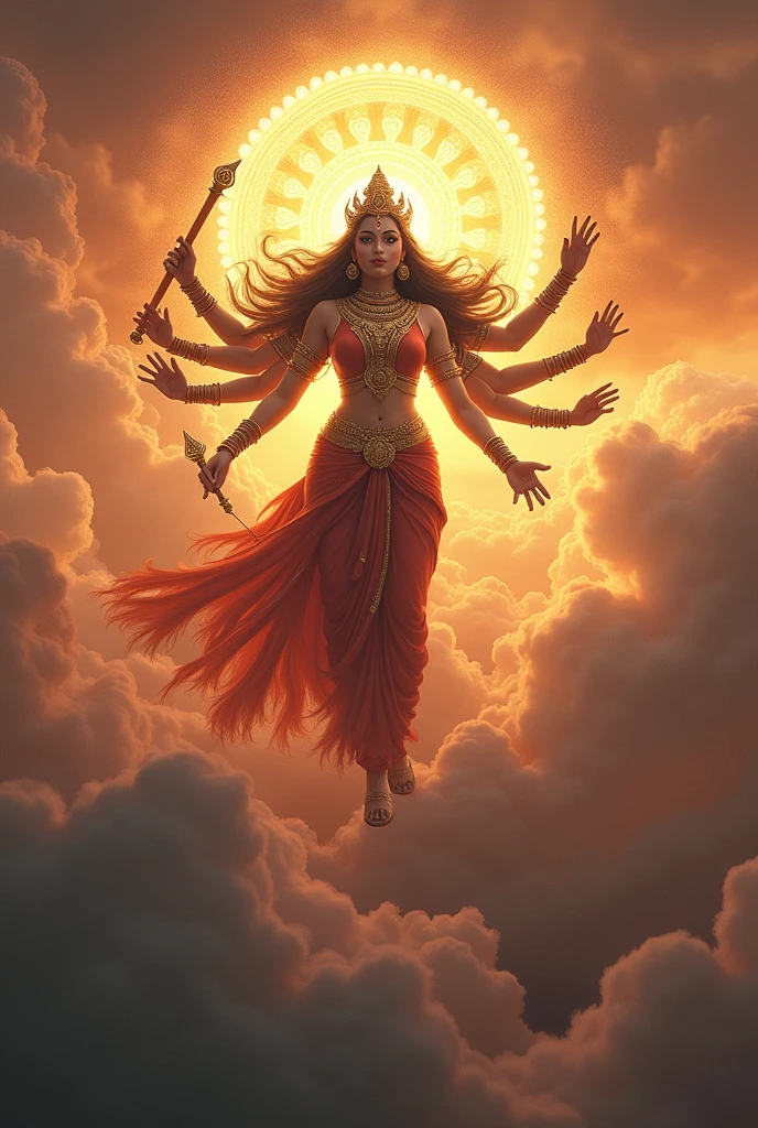Ma durga threating king kangsa from sky a lighted chakra behind her head,Fantasyreal