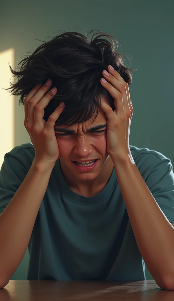 holding his head, using 2 hands, being frustrated, detail, best quality, front shot, as if many problems are coming, This picture seems to depict how devastated the man is.