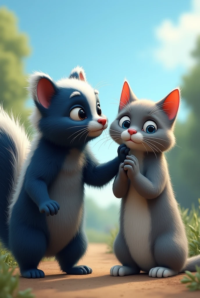 A blue skunk next to a realistic cat and the cat covers its nose because it can't stand the smell of the realistic skunk