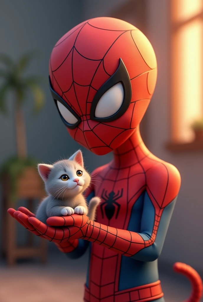 Cute spider man holding a cat on her hand 