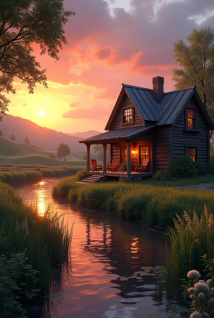 wooden house, country, river, sunset