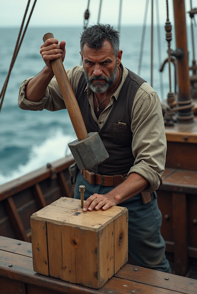 A with a hammer in his hands hits a nail, nailing a cube to the deck of a tiny ship.