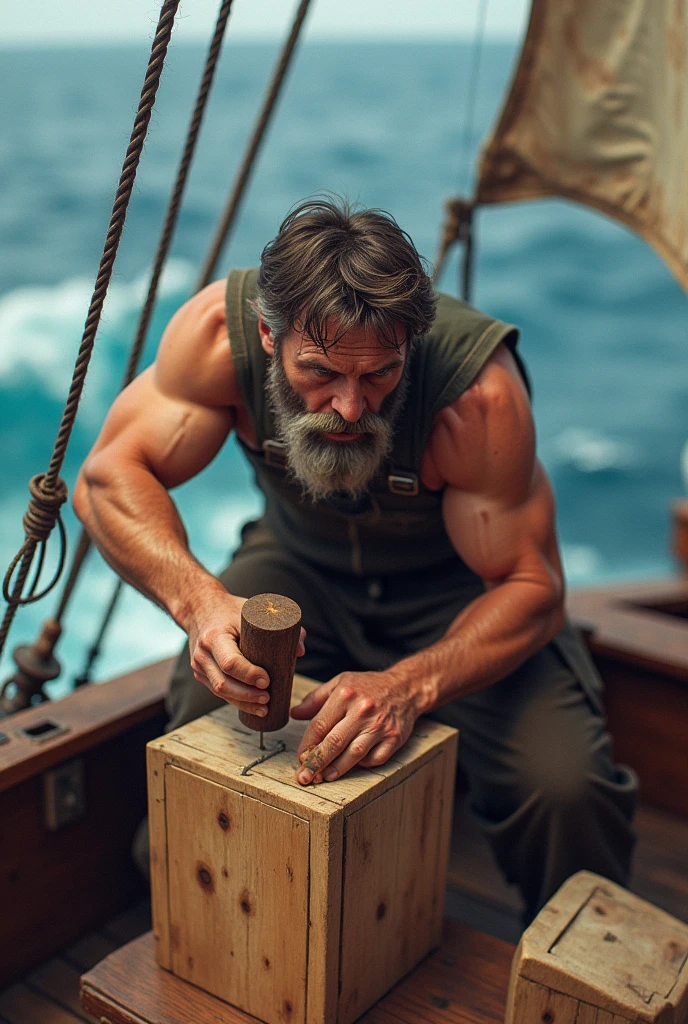 A with a hammer in his hands hits a nail, nailing a cube to the deck of a tiny ship.