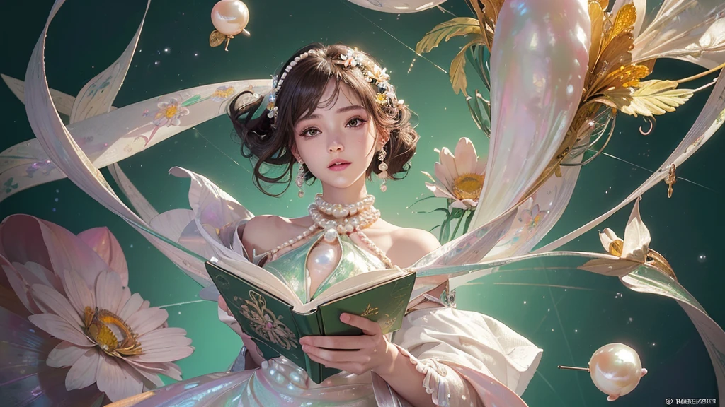 32K, 最高quality, 最高masterpiece, (ultra-Detailed Background, Detailed Background), High resolution, Super detailed, Very detailedな, 1 personの, (bouquet:1.3), (Tangled:1.2), (Geometric:1.2),(colorful),(masterpiece, quality, best quality, Official Art, Beautiful and beautiful:1.2), (1 person:1.3), Very detailed,(colorful:1.1)(Flowers:1.3),Most detailed,(Tangled:1.2), whole body, (Abstract background:1.3), (Skin glows), (Many colors:1.4), ,(Earrings Pearl:1.5), Light green background, It's imaginative., Brunette Hair, Updo, Holding a book, Holding a pen, Satin shirt