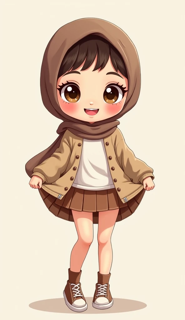 Cartoon with text:
(masterpiece, best quality, 4k, expressive eyes, perfect face, 2d style, flat style, hand drawn), Cute and adorable face, big detailed eyes,, Cute little cartoon girl, with brown hijab on, bangs, wearing oversized beige cardigan, white shirt, brown skirt, ((brown socks)), sneakers, showing her panties, pulling up her skirt, upskirt, exposed legs, white underwear