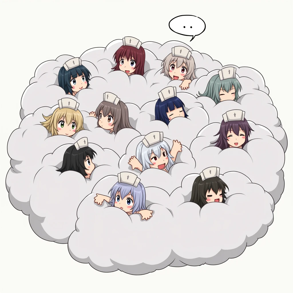 An anime-style illustration depicting many maids and many nurses playfully wrestling with each other inside a light gray comical fight cloud (foam cloud).
each maid and nurse has different colored hair.
their faces,hands,and feet are visible emerging from the cloud as they tussle humorously, with the rest of their bodies completely hidden inside the cloud.
the illustration emphasizes the humorous and energetic nature of their scuffle,with a fluffy and exaggerated fight cloud.