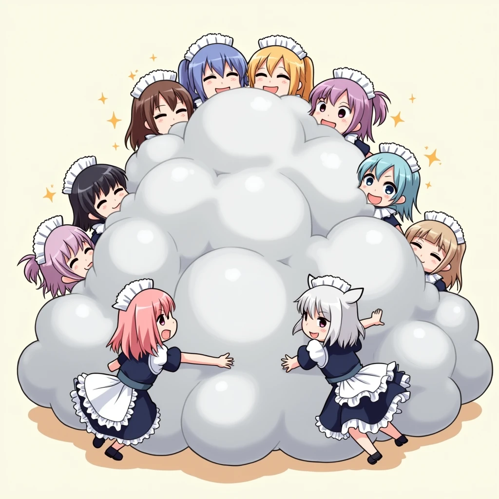 An anime-style illustration depicting many maids and many nurses playfully wrestling with each other inside a light gray comical fight cloud (foam cloud).
each maid and nurse has different  colored hair.
their faces,hands,and feet are visible emerging from the cloud as they tussle humorously,  with the rest of their bodies completely hidden inside the cloud.
the illustration emphasizes the humorous and energetic nature of their scuffle,with a fluffy  and exaggerated fight cloud.