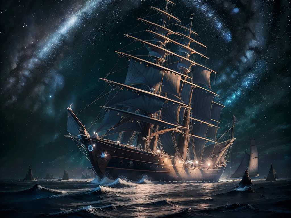 1080P,{{{{Highest quality}}}},{{{masterpiece}}},{{{best quality}}},{{ultra-detailed}},{illustration},{{an extremely delicate and beautiful}},high quality,hyper quality,very_high_resolution,large_filesize,full color,ultra-detailed,disheveled hair,8k,bestquality,{{starry sky}},{night},sea of clouds,sailing ship,