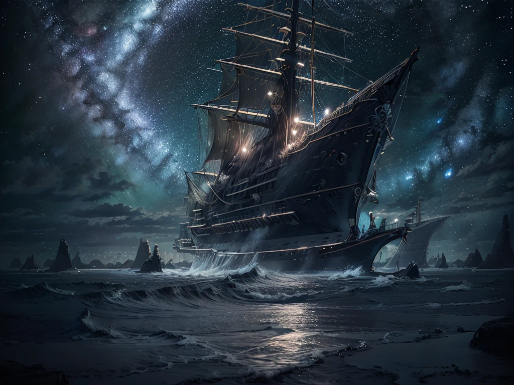 1080P,{{{{Highest quality}}}},{{{masterpiece}}},{{{best quality}}},{{ultra-detailed}},{illustration},{{an extremely delicate and beautiful}},high quality,hyper quality,very_high_resolution,large_filesize,full color,ultra-detailed,disheveled hair,8k,bestquality,{{starry sky}},{night},sea of clouds,sailing ship,