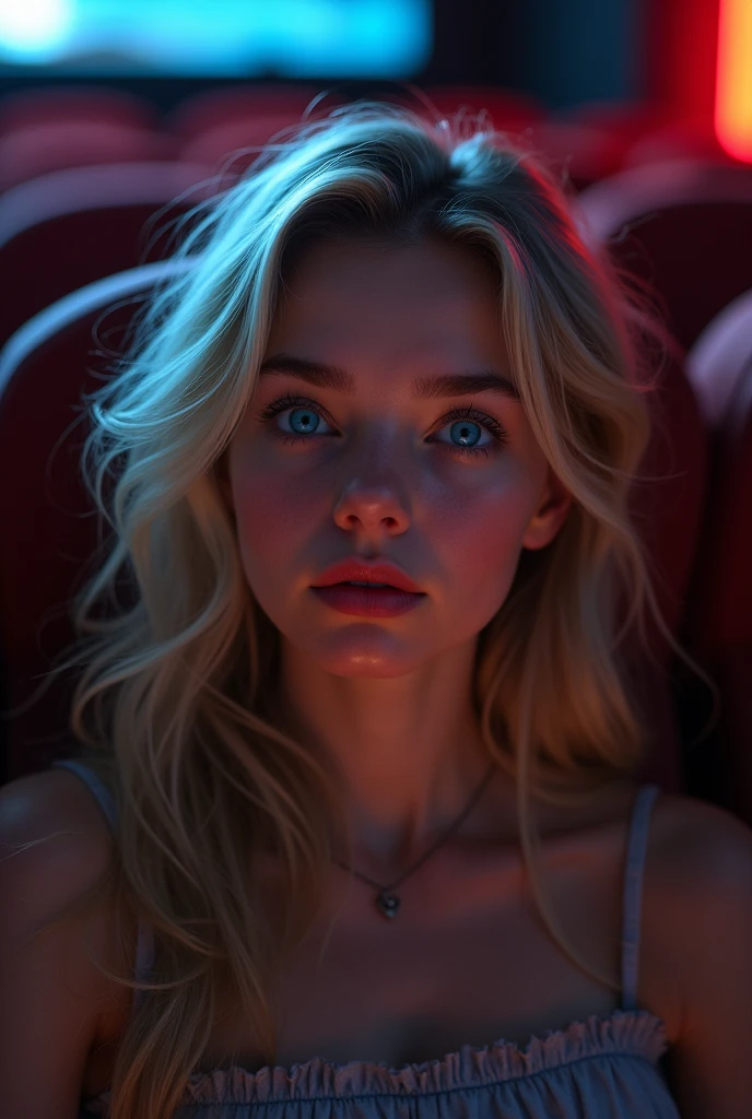 a blonde with blue eyes in a cinema
