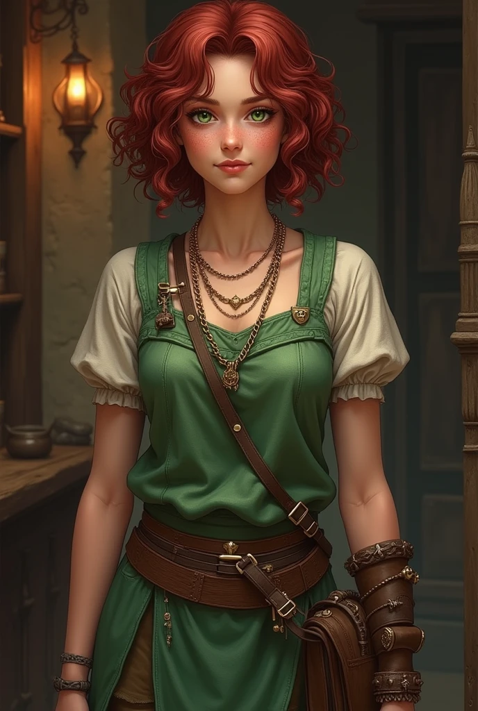 wide shot,realistic photo ,full body ,Tika Waylan Majere is a popular character in the Dragonlance saga. Here is a detailed description of their appearance: balck hair: dark red, short and curly. eyes: Bright green, often full of energy and curiosity. face: rosy cheeks with freckles, which give her a youthful and lively look. Physique: Schlank und willowy, but also strong and athletic through their adventures and fights. attire: Often simple and practical, suitable for her work as a barmaid and adventurer. Sie trägt oft robuste attire, which is suitable for their travels and battles12. Tika is known for her bravery and determination, and she develops from a simple tavern waitress to a brave fighter and loyal companion of the heroes of the Lance