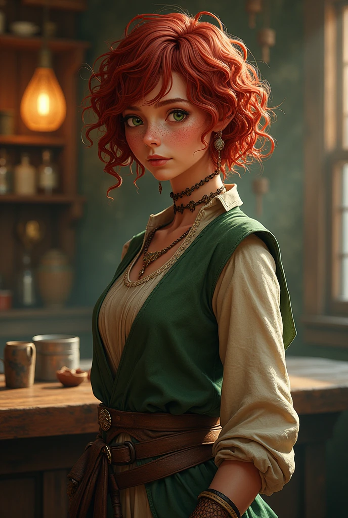 wide shot,realistic photo ,full body ,Tika Waylan Majere is a popular character in the Dragonlance saga. Here is a detailed description of their appearance: balck hair: dark red, short and curly. eyes: Bright green, often full of energy and curiosity. face: rosy cheeks with freckles, which give her a youthful and lively look. Physique: Schlank und willowy, but also strong and athletic through their adventures and fights. attire: Often simple and practical, suitable for her work as a barmaid and adventurer. Sie trägt oft robuste attire, which is suitable for their travels and battles12. Tika is known for her bravery and determination, and she develops from a simple tavern waitress to a brave fighter and loyal companion of the heroes of the Lance