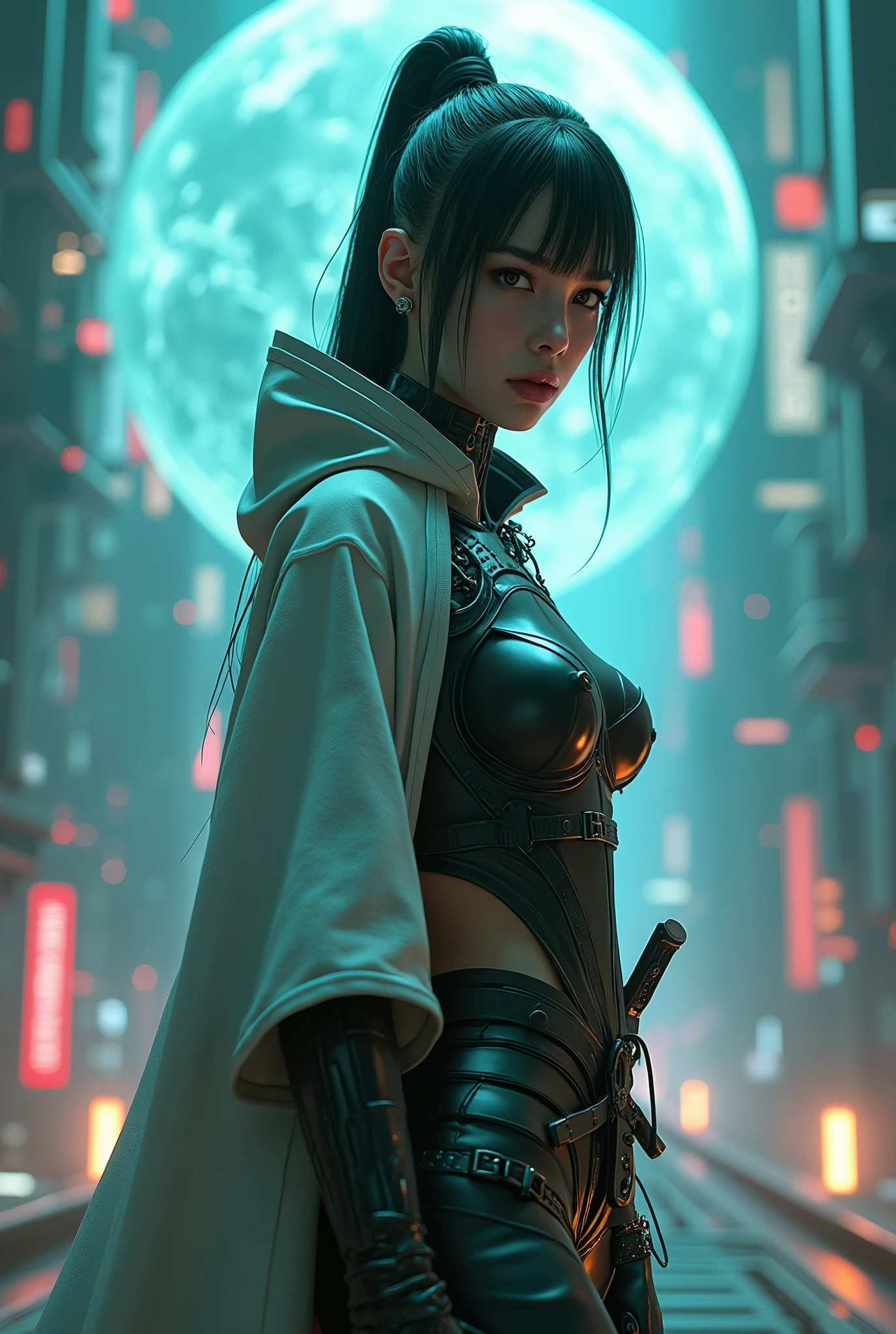 3000 years、夜のcyber punkの近未来都市、A female samurai with a cyborg half-body、cyber punk、can'I can see your gaze、Grab the gun、Estimated Age20-year-old、Bodysuits that fit the body、skinny、skinnyパンツ、Casual wear、Wear a half coat、Ready for battle、(Highest quality,4K,High resolution,masterpiece:1.2),Very detailed,Professional,sf,3D Rendering,Globe Hologram,Computer Circuit Board,Made of Lego,Light blue and green tones,Artificial lighting,Sharp focus,high tech elements,Metallic texture,Smooth surface,Complex circuits,Innovative Design,Realistic shadows and reflections,Transparent display,Glowing holographic effect,Light emitting wire and connection,Depth and Dimension,Impressive visual impact,Superb craftsmanship