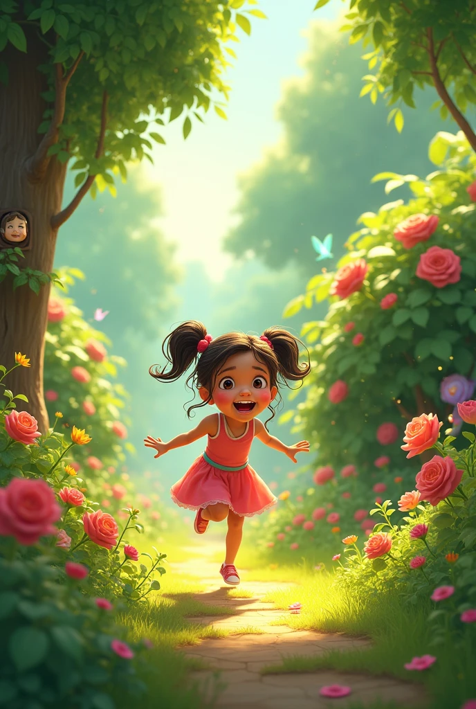 A , Ria, playing happily in a vibrant, magical garden filled with colorful flowers and towering trees. Sunlight streams through the leaves, casting dancing shadows on the ground. A small, fairy-like creature peeks out from behind a large rose bush.
 * Style: Whimsical, illustrated, children's book style.I am animated characters 